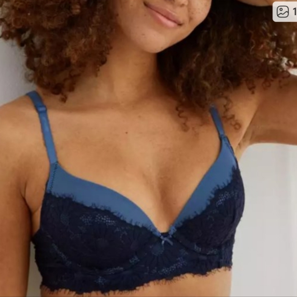 Aerie REAL HAPPY Plunge lightly lined Bra blue Size 38C